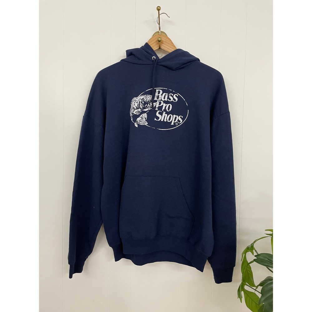 Bass Pro Shops Mens Navy Blue Graphic Hoodie Jerzees NuBlend XL Fishing Pullover